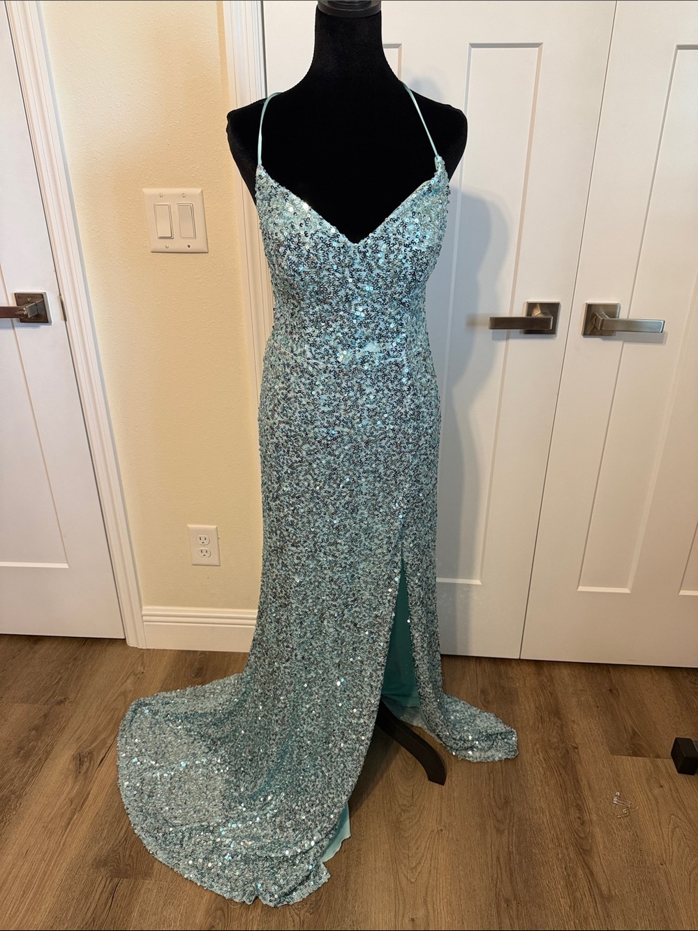 B Darlin Sequin Prom Dress in Light Aqua